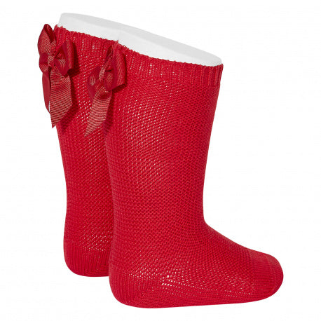 Garter stitch knee high socks with bow - RED 2007/2 -550