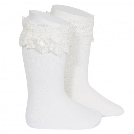lace trim knee socks with bow -  CREAM 2484/2 - 202