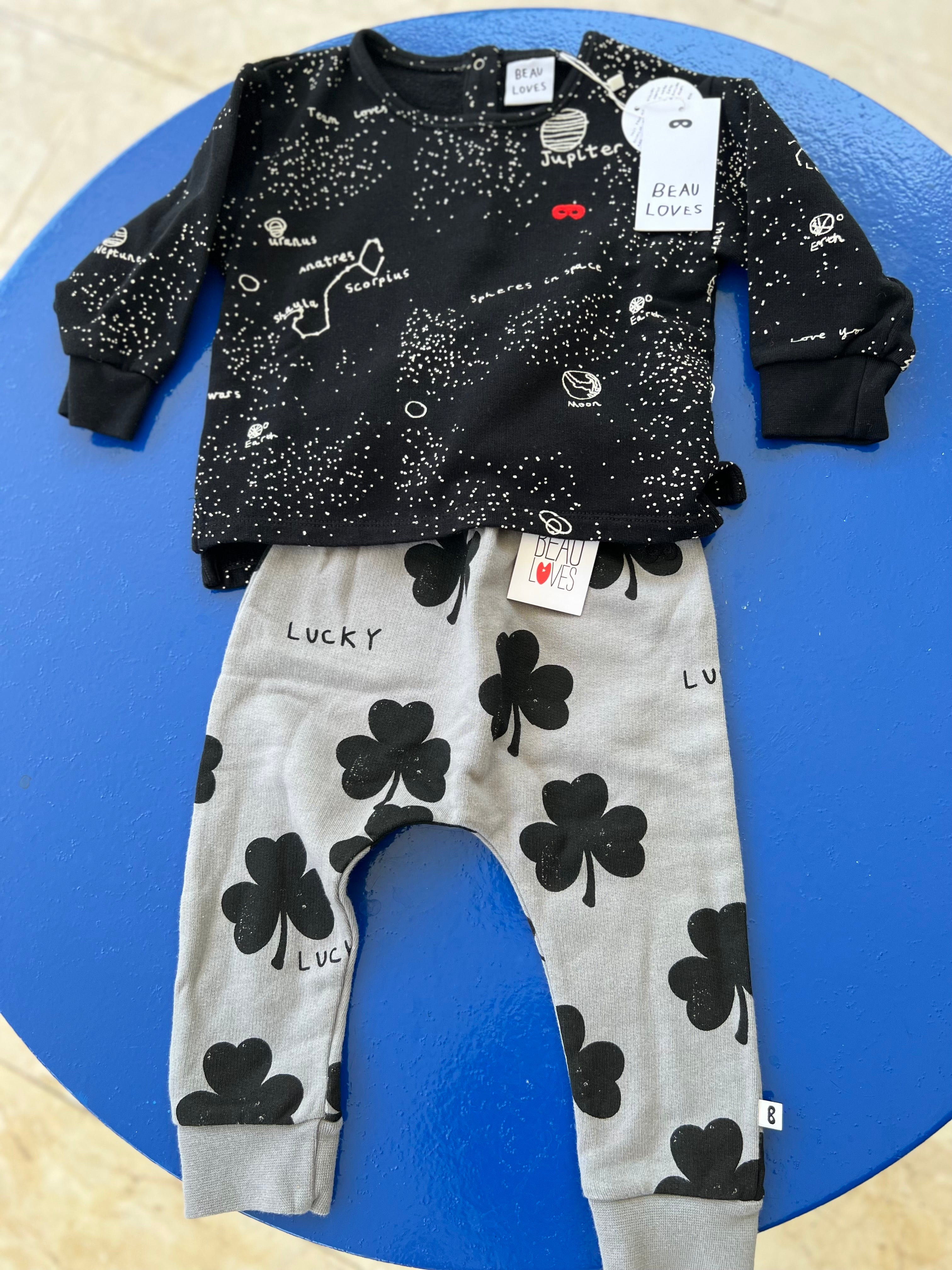 BABY SET 14 :BABY SWEATER BLACK GALAXY + WASHED LUCKY PANT