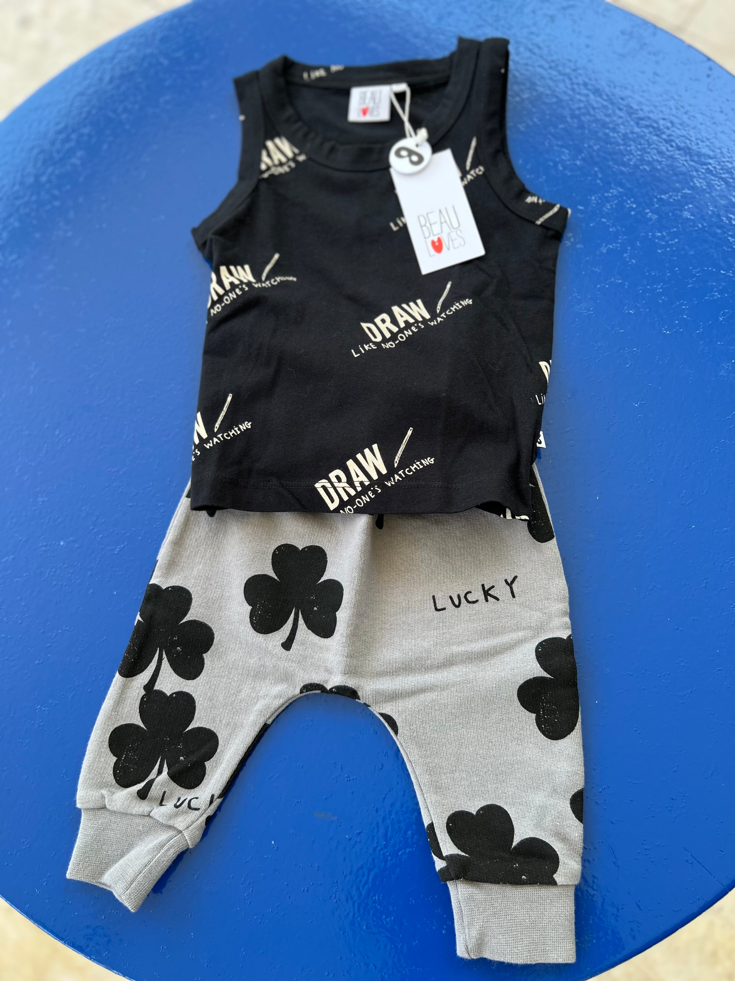 BABY SET 16 : BABY VEST BLACK DRAW + WASHED LUCKY PANT