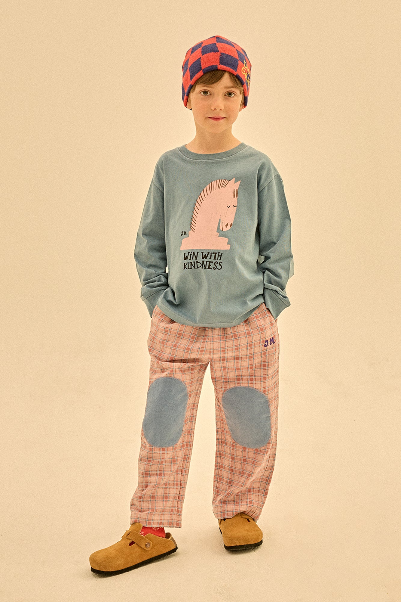 CHECKED KNEE-PATCH WOVEN PANTS - PINK - JM2520418