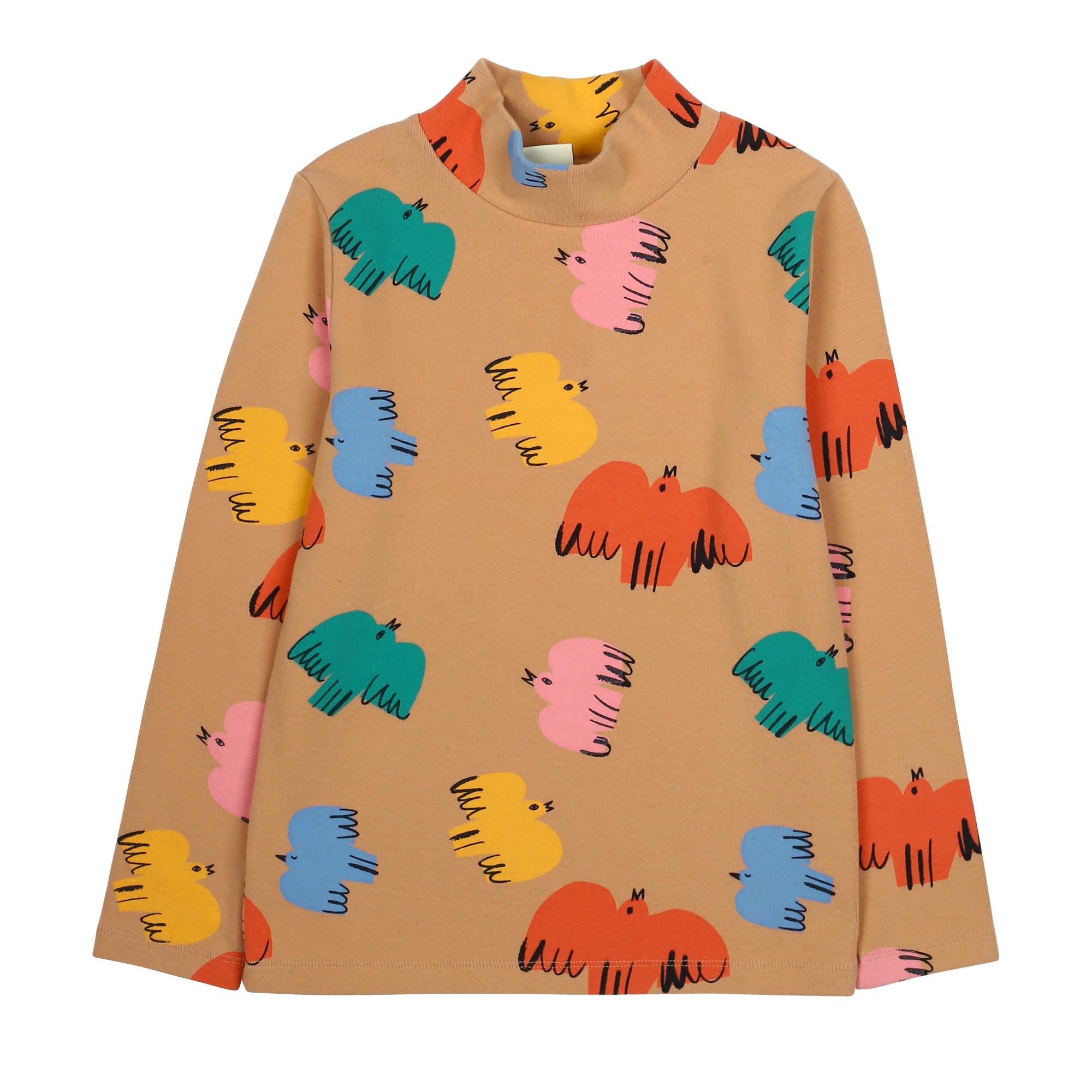 Colorful Bird Turtleneck T-shirts - BROWN