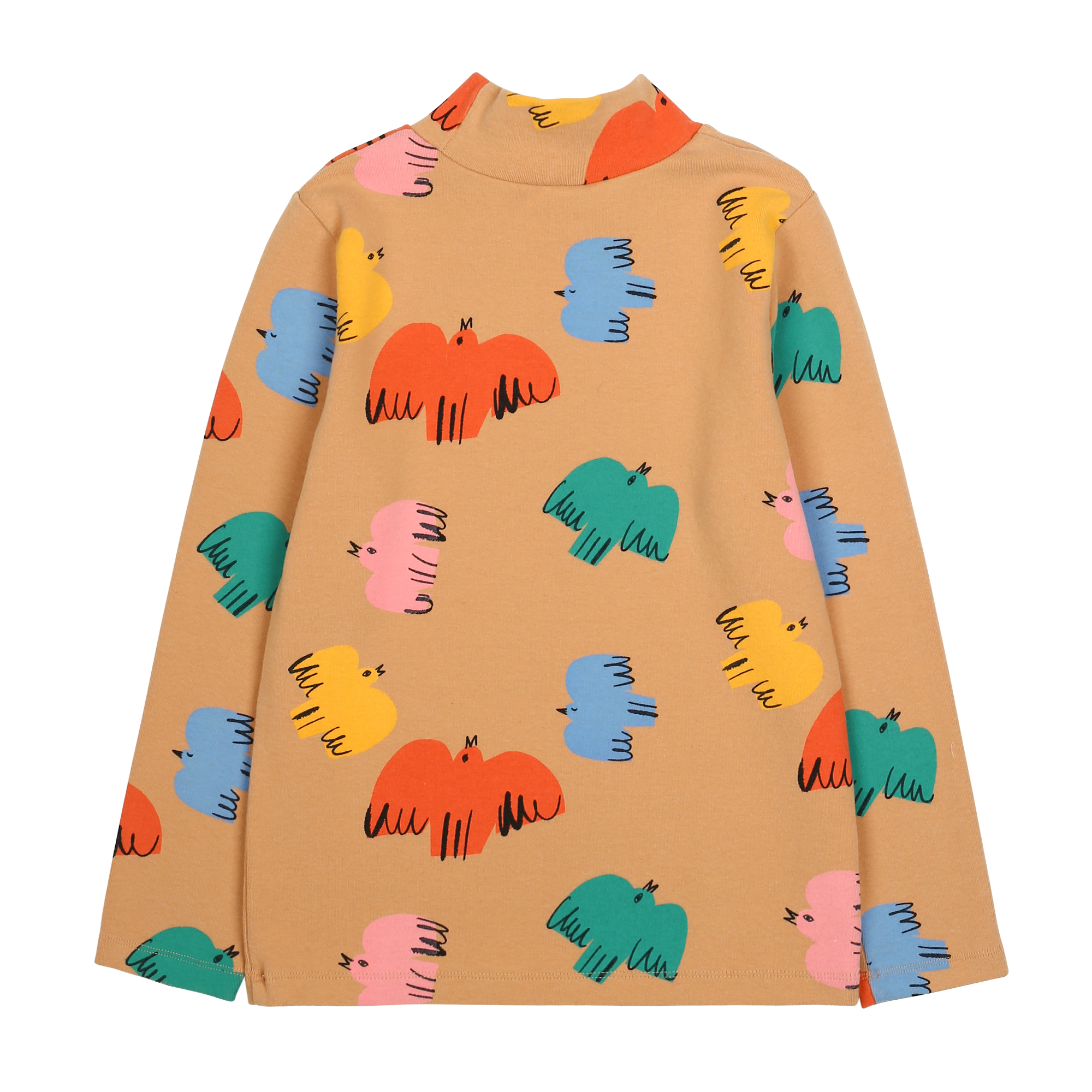 Colorful Bird Turtleneck T-shirts - BROWN