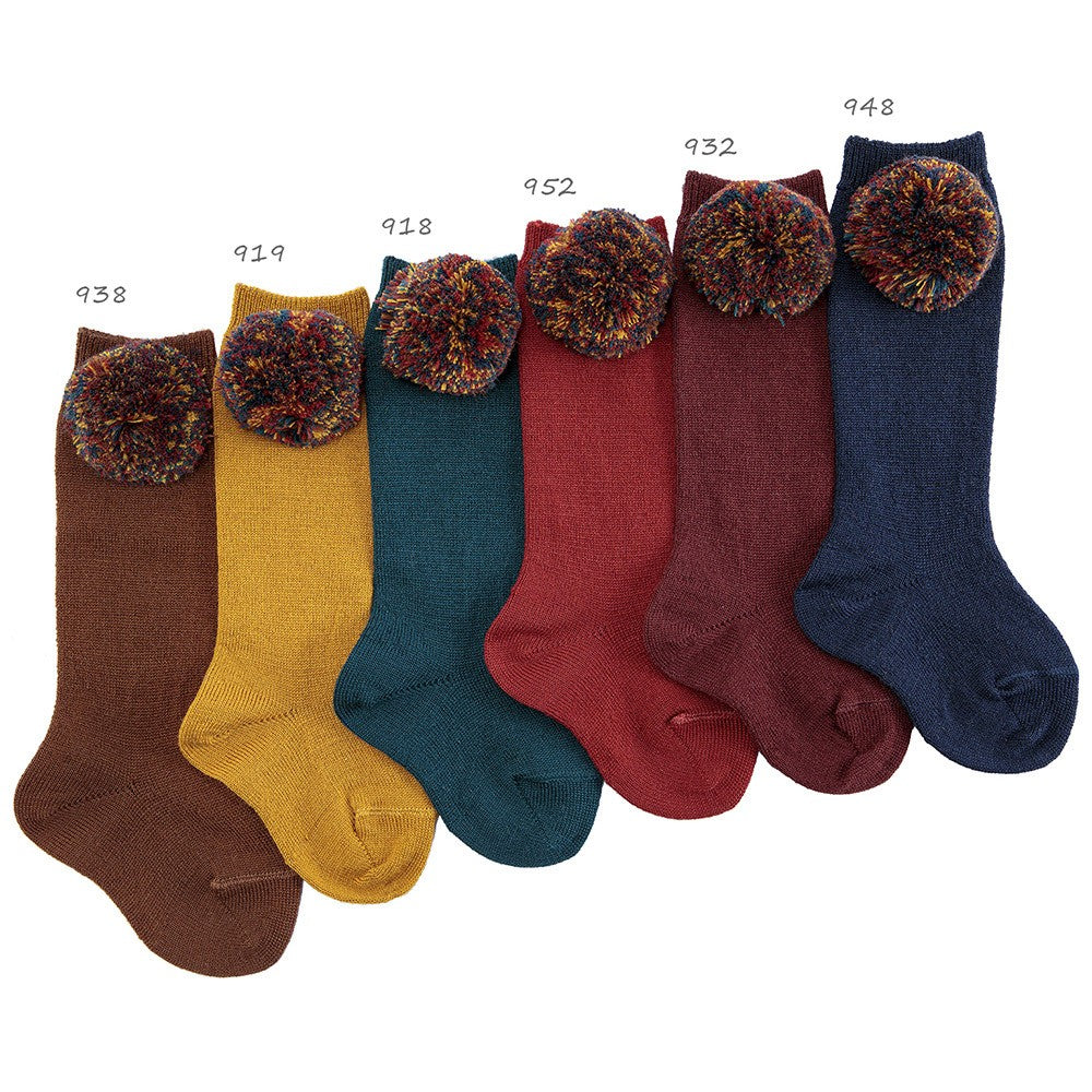 Socks Wool knee-high socks with multicolour pompom