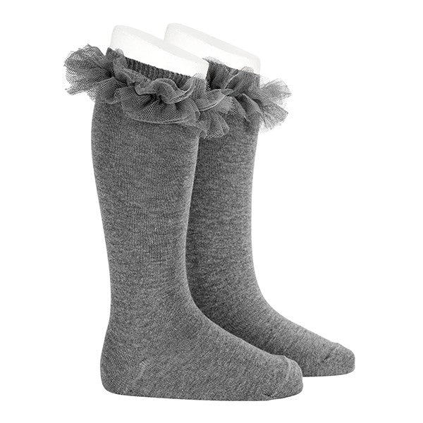 Socks Grey Gris Clar - Tulle ruffle knee-high socks-24942-230