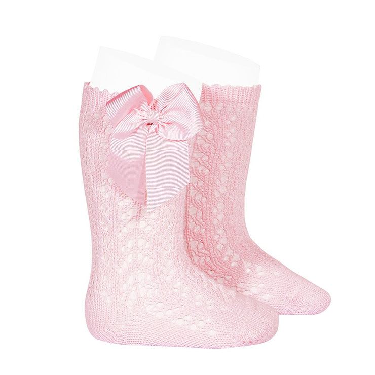 Socks - Pink - Perle openwork knee-high socks with bow-25192-500