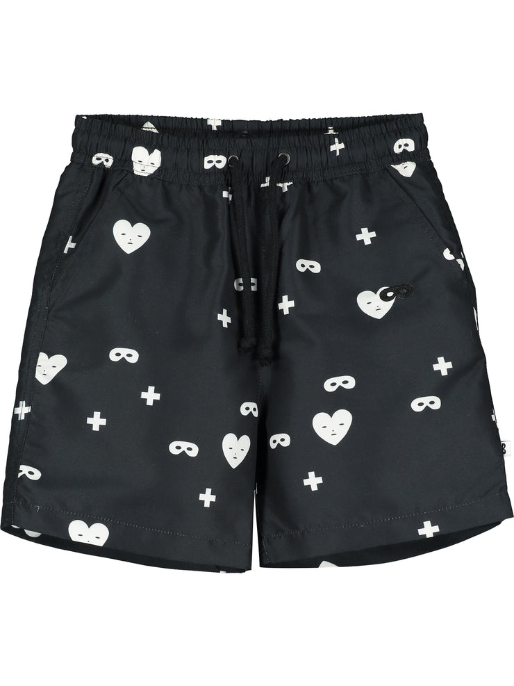 Black Hearts + Masks Drawstring Swim Shorts