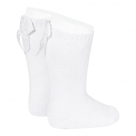 Garter stitch knee high socks with bow -White 2007/2 -200