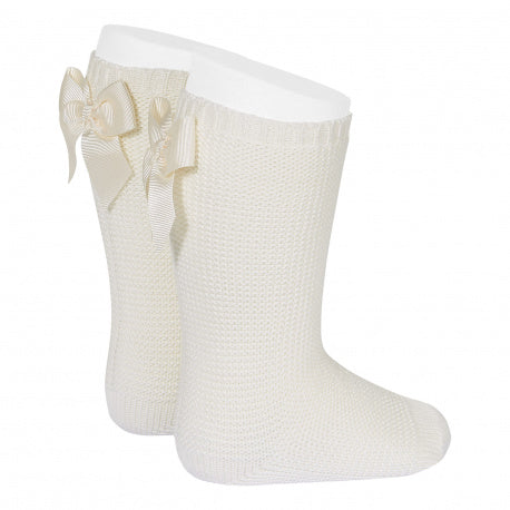 Garter stitch knee high socks with bow - BEIGE 2007/2 -303