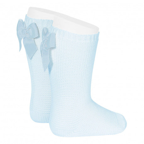 Garter stitch knee high socks with bow - BABY BLUE 2007/2 -410