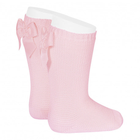 Garter stitch knee high socks with bow - PINK 2007/2 -500