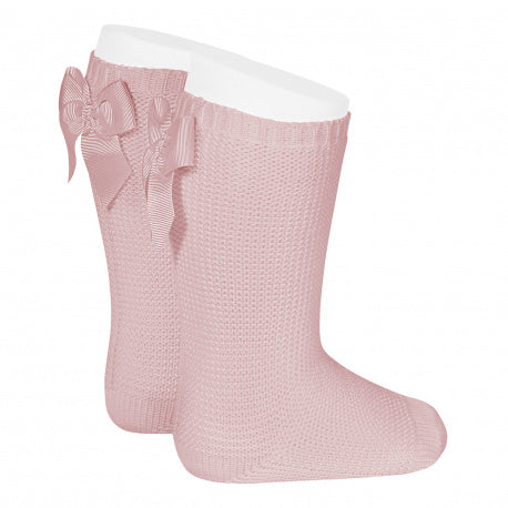 Garter stitch knee high socks with bow - PALE PINK2007/2 -526