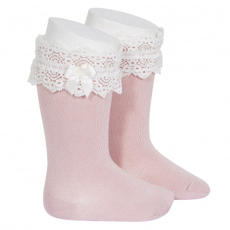 lace trim knee socks with bow -  PALE PINK 2484/2 - 526