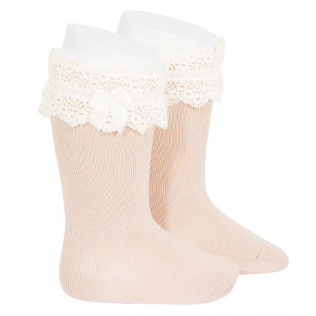 lace trim knee socks with bow -  NUDE 2484/2 - 674